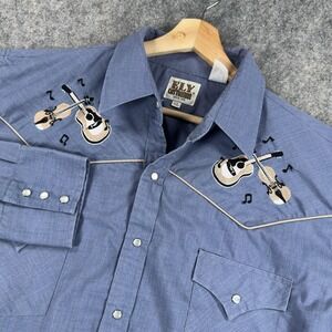 Ely Cattleman Shirt Mens XL Blue Western Pearl Snap Guitar Fiddle Embroidered